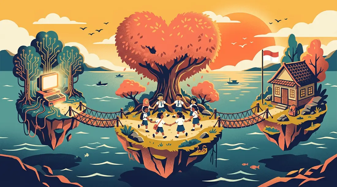 Tiga pulau terhubung jembatan: pulau komputer, pulau pohon hati, dan pulau rumah siaga